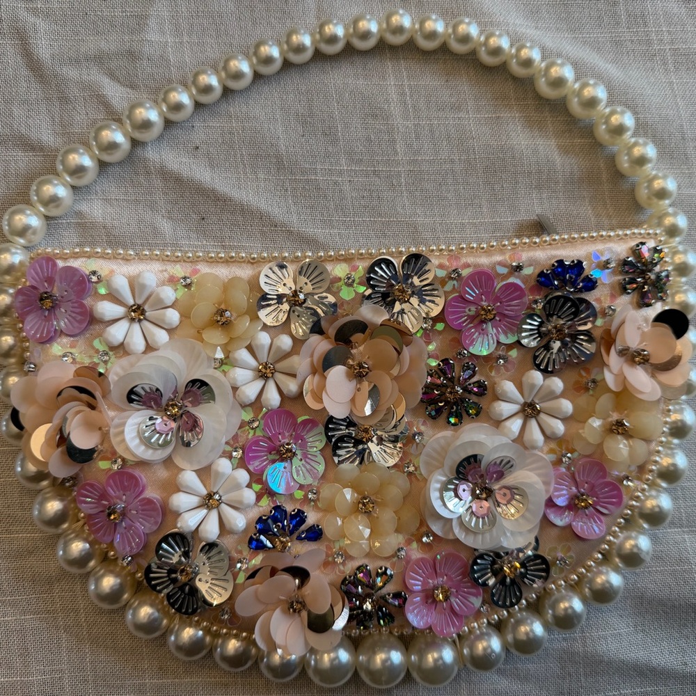 Haute Hippie Pearl-Trim Floral Sequin Clutch in Pink, Cream, White
